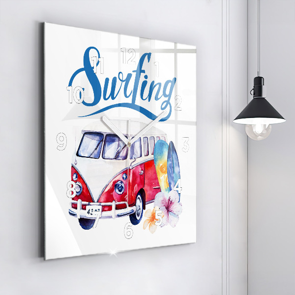 Square glass wall clock Car and Surfing sign