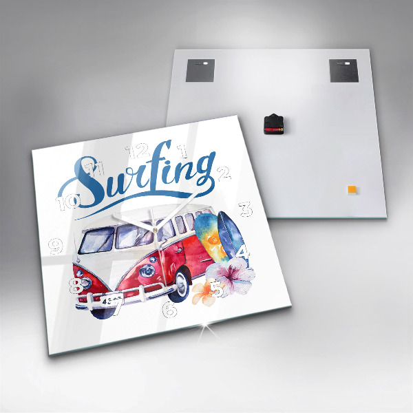 Square glass wall clock Car and Surfing sign