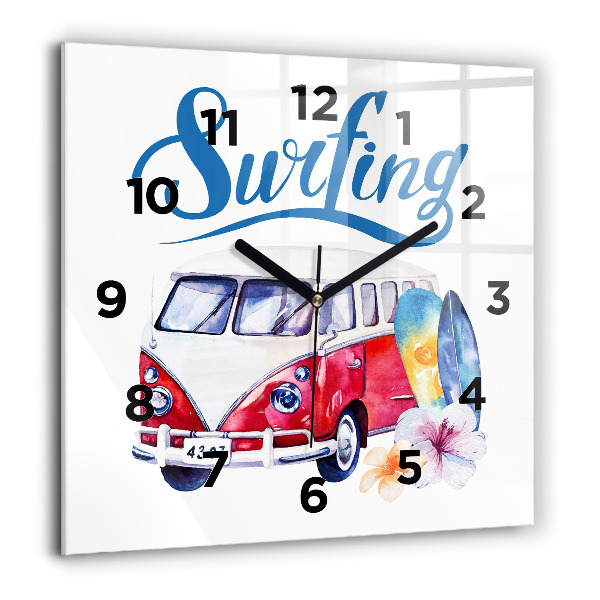 Square glass wall clock Car and Surfing sign