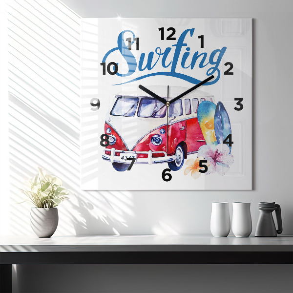 Square glass wall clock Car and Surfing sign