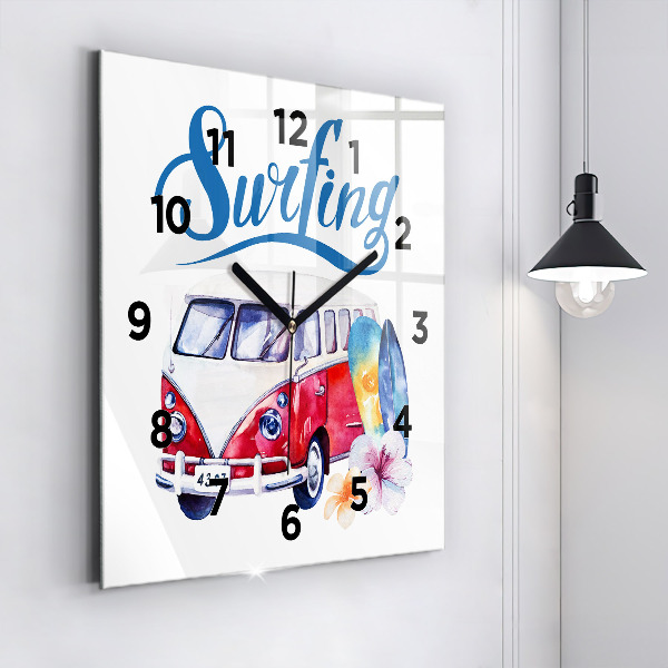 Square glass wall clock Car and Surfing sign