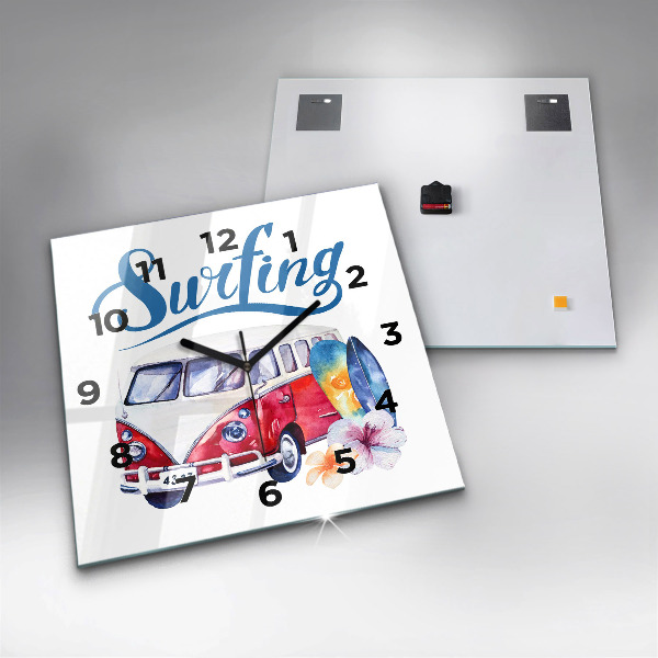 Square glass wall clock Car and Surfing sign