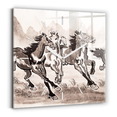 Square glass wall clock Galloping horses