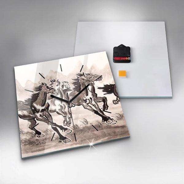 Square glass wall clock Galloping horses
