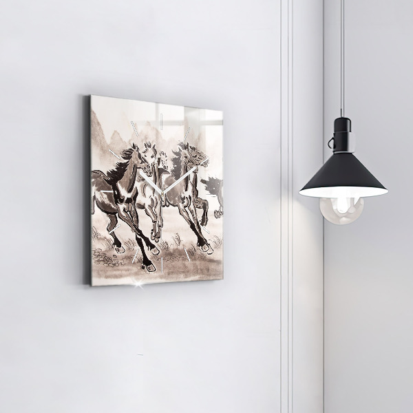 Square glass wall clock Galloping horses