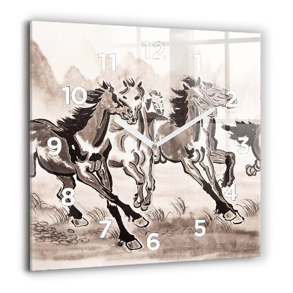 Square glass wall clock Galloping horses
