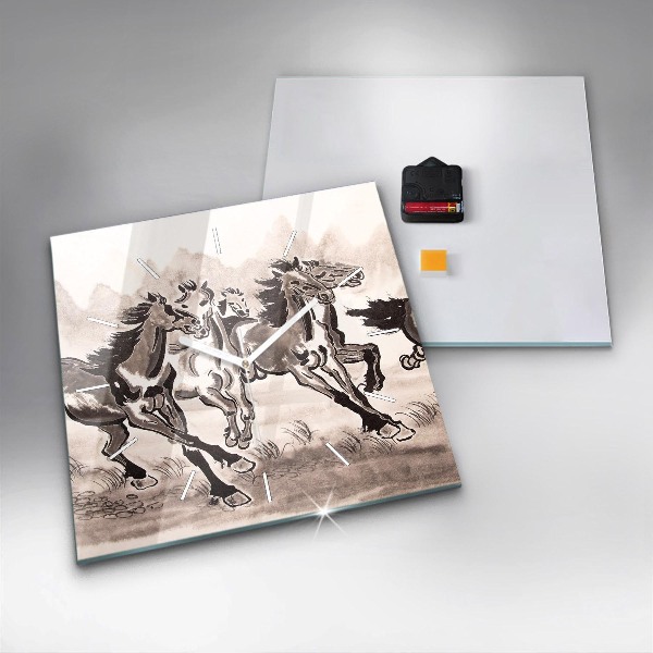 Square glass wall clock Galloping horses