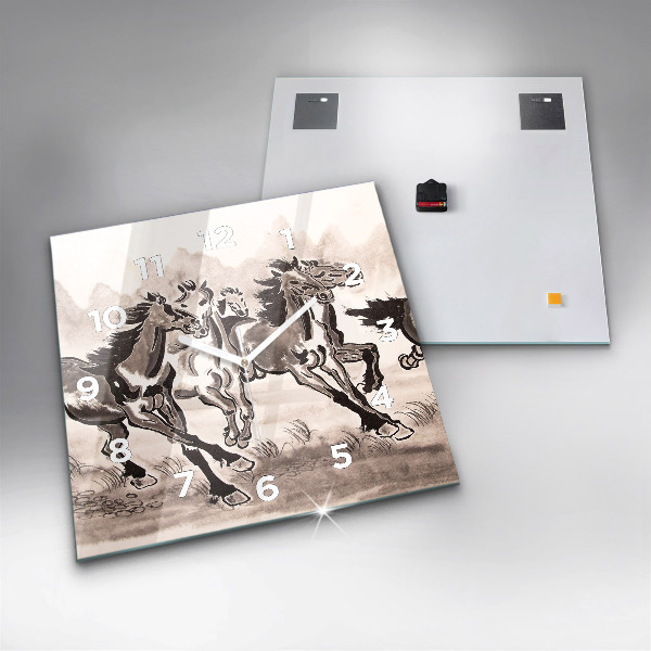 Square glass wall clock Galloping horses