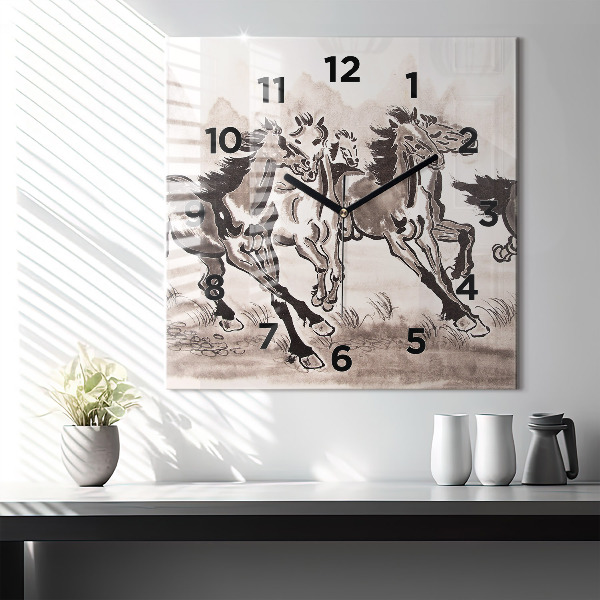 Square glass wall clock Galloping horses