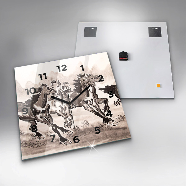 Square glass wall clock Galloping horses
