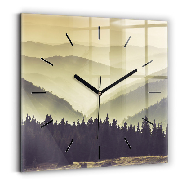 Square glass wall clock Misty mountain slopes