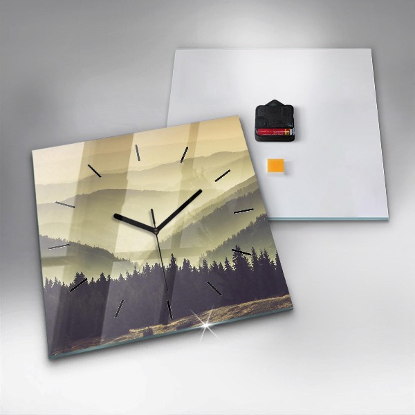 Square glass wall clock Misty mountain slopes