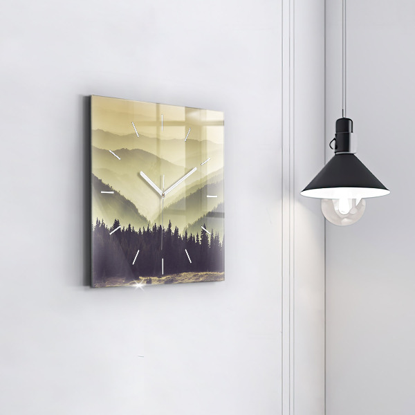Square glass wall clock Misty mountain slopes