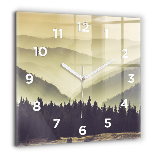 Square glass wall clock Misty mountain slopes