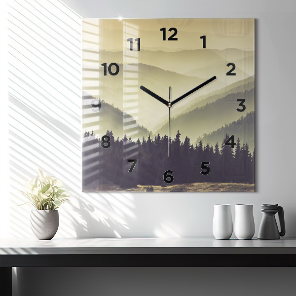 Square glass wall clock Misty mountain slopes
