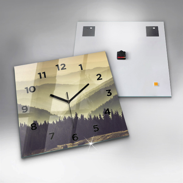 Square glass wall clock Misty mountain slopes
