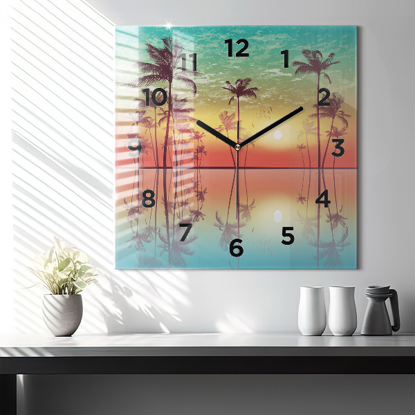 Square glass wall clock Tropical palm trees