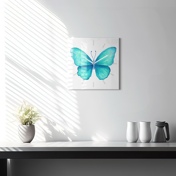 Square glass wall clock Turquoise Summer Butterfly