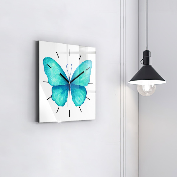 Square glass wall clock Turquoise Summer Butterfly