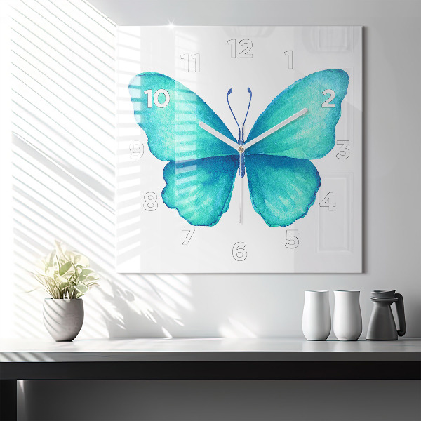 Square glass wall clock Turquoise Summer Butterfly