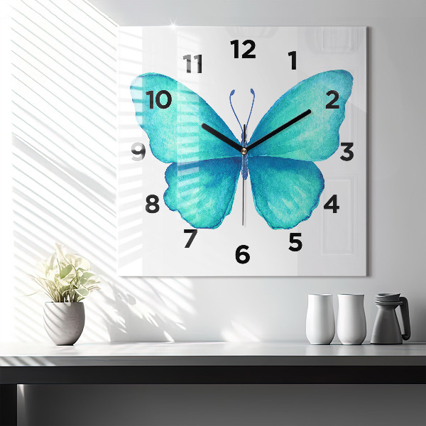 Square glass wall clock Turquoise Summer Butterfly