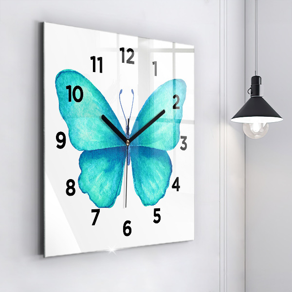 Square glass wall clock Turquoise Summer Butterfly