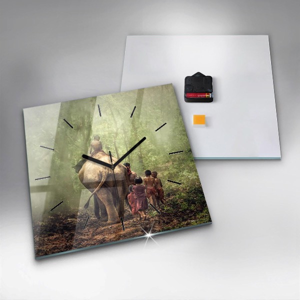 Square glass wall clock Children leading an elephant