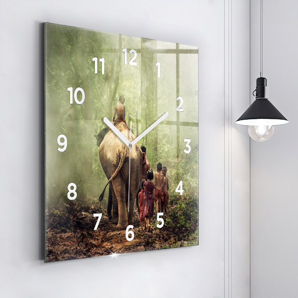 Square glass wall clock Children leading an elephant