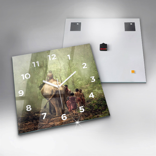 Square glass wall clock Children leading an elephant