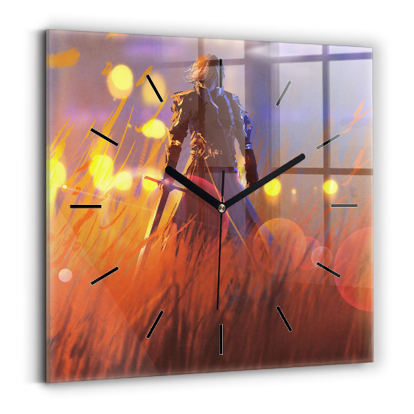 Square glass wall clock Knight with a sword