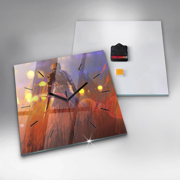Square glass wall clock Knight with a sword