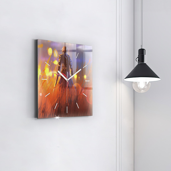 Square glass wall clock Knight with a sword