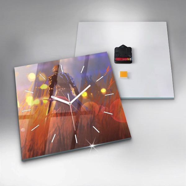 Square glass wall clock Knight with a sword