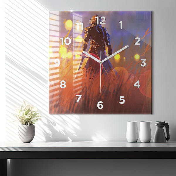 Square glass wall clock Knight with a sword