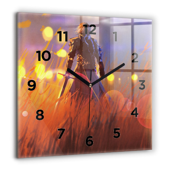 Square glass wall clock Knight with a sword