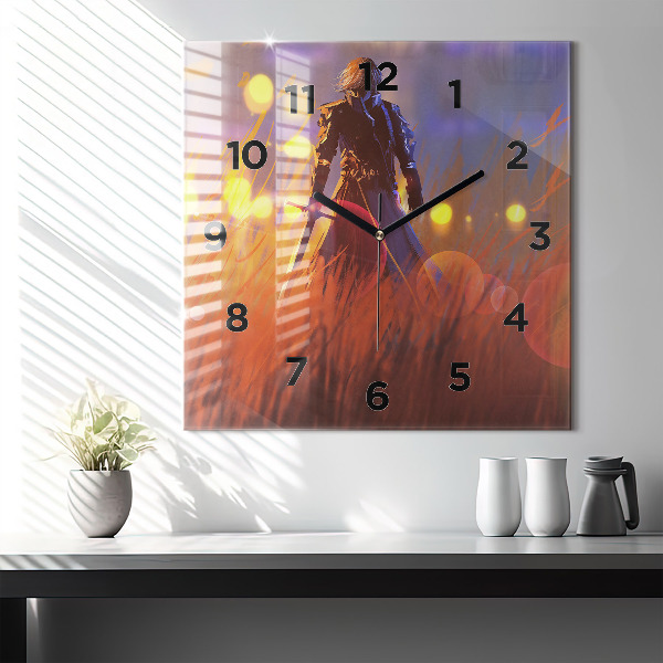 Square glass wall clock Knight with a sword
