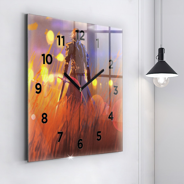 Square glass wall clock Knight with a sword