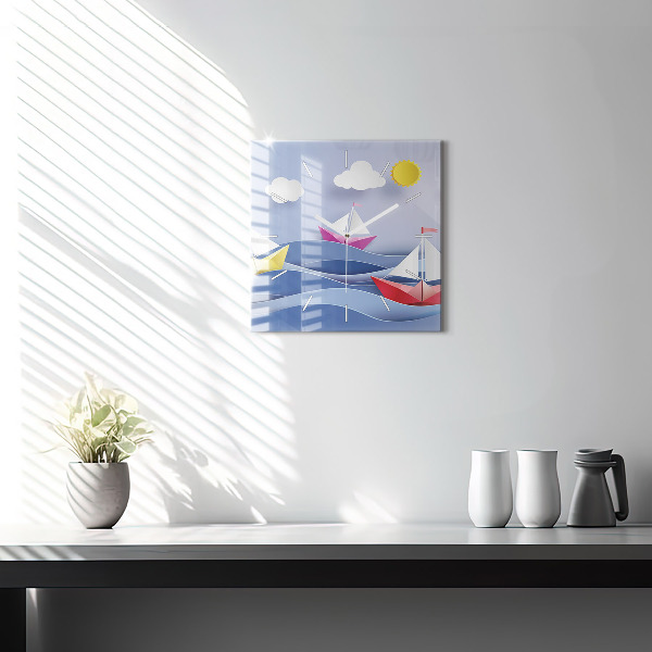 Square glass wall clock Origami colorful sailboats