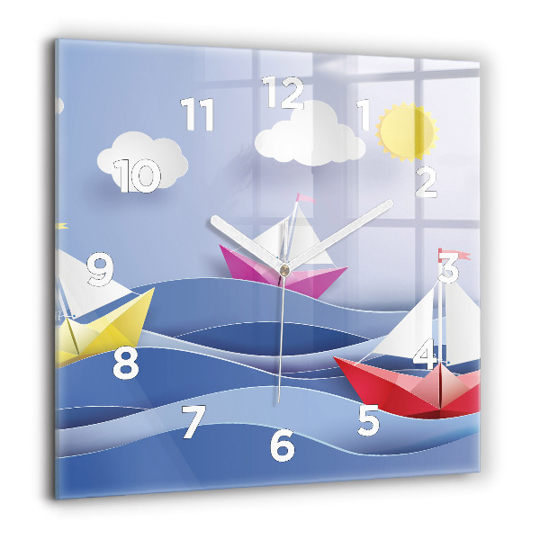 Square glass wall clock Origami colorful sailboats
