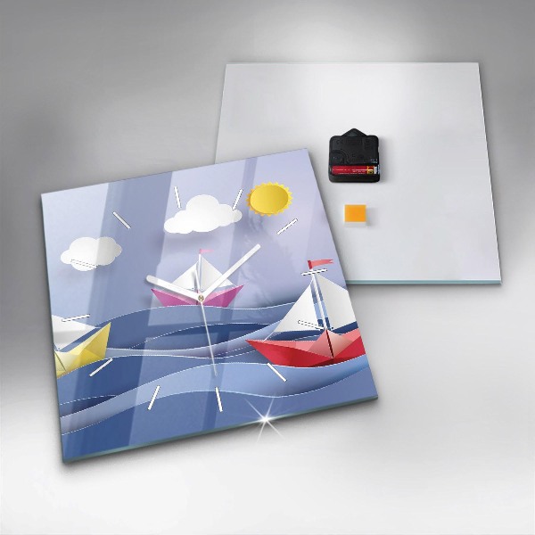 Square glass wall clock Origami colorful sailboats