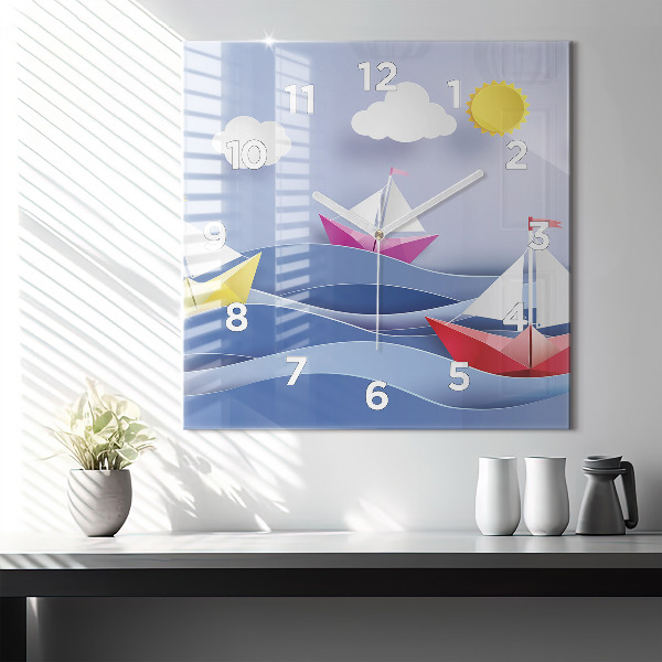 Square glass wall clock Origami colorful sailboats