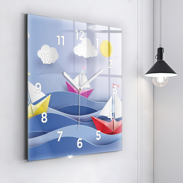 Square glass wall clock Origami colorful sailboats