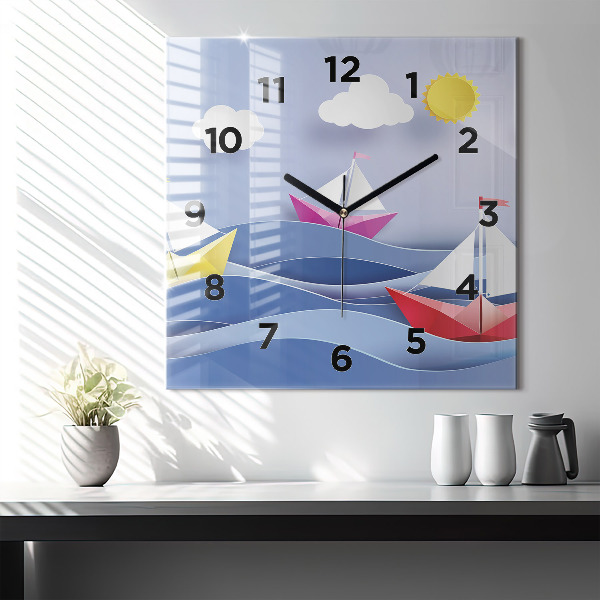 Square glass wall clock Origami colorful sailboats
