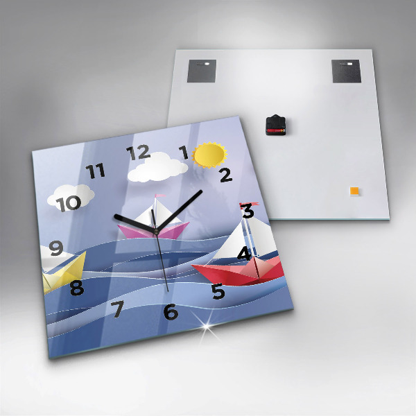 Square glass wall clock Origami colorful sailboats