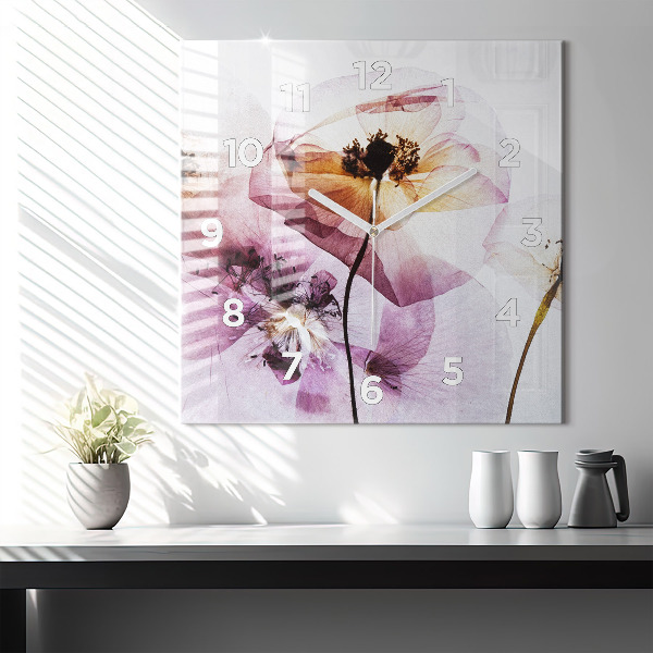 Square glass wall clock Dry poppy flowers
