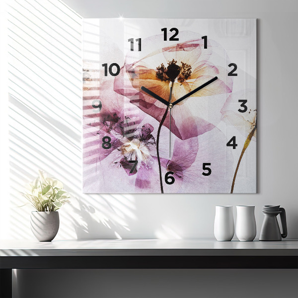 Square glass wall clock Dry poppy flowers