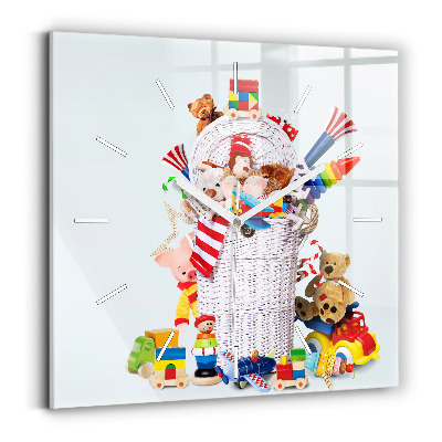 Square glass wall clock Wicker basket with toys