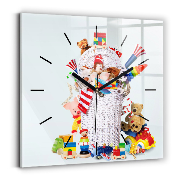 Square glass wall clock Wicker basket with toys