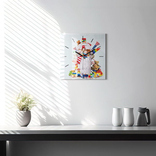 Square glass wall clock Wicker basket with toys