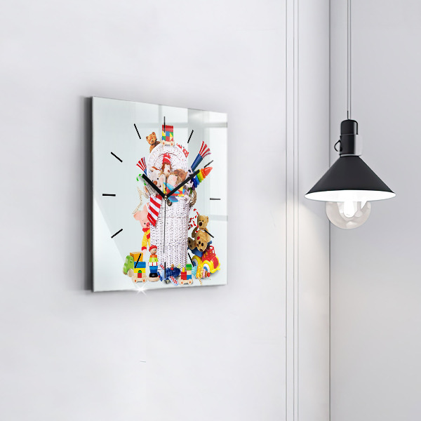 Square glass wall clock Wicker basket with toys